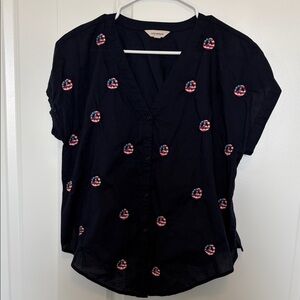 Lucky Brand Navy Blouse with Embroidered Peace Flag Design
